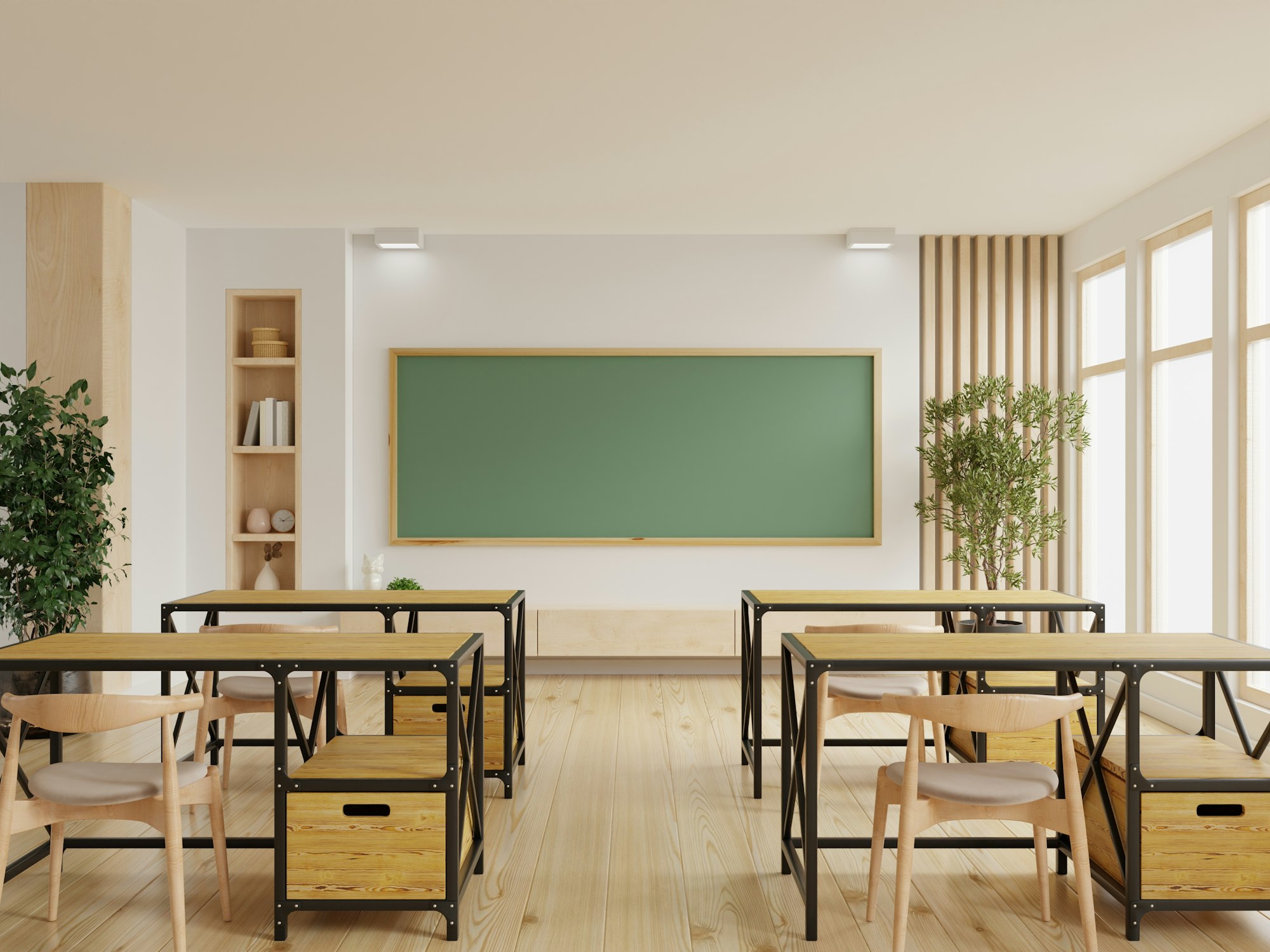 Classroom with school desks and greenboard,empty school classroom.